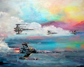 May include: A painting of four spaceships flying through a colorful sky with clouds. The sky is a mix of pink, purple, blue, and yellow. The spaceships are black and gray and have a futuristic design.