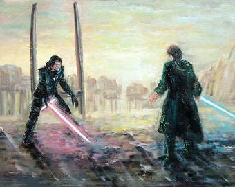 Star Wars Canvas, The Last Jedi Print, Luke Skywalker vs Kylo Ren Handmade Art by Naci Caba