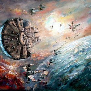 Peut inclure: Une peinture représentant une scène de bataille spatiale avec un grand vaisseau spatial rond au premier plan et plusieurs vaisseaux spatiaux plus petits en arrière-plan. La scène se déroule sur fond d'une planète bleue et verte avec un soleil blanc brillant au loin.