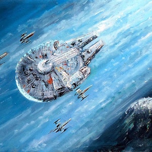 Millennium Falcon Canvas Print, Star Wars Themed Blue Print, Falcon & X-Wing Fighters Wall Art