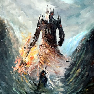 May include: A large, dark figure with a crown and glowing red eyes stands in a snowy mountain landscape. The figure is surrounded by flames and appears to be menacing a smaller figure in the foreground.