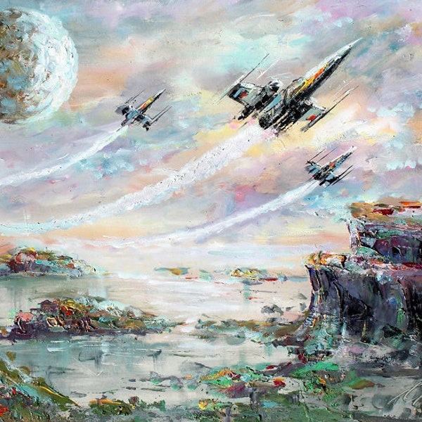 X-Wing Fighters Flying Over Sky Handmade Oil Painting, Star Wars Painting, Star Wars Handmade Gift, Sci-fi Art