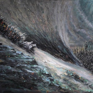 May include: A painting depicting a large army of dark figures marching towards a white tower, with a single white figure riding a horse on a snowy path leading away from the army.