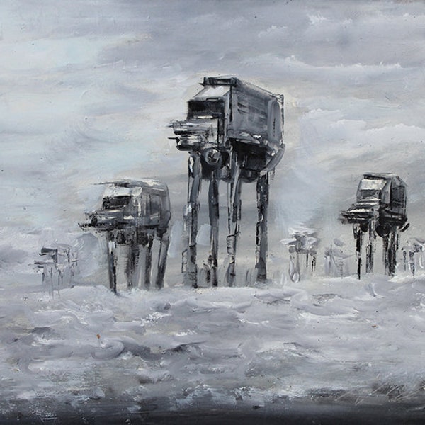 Gray AT-AT Walkers Oil Painting on Canvas, All Terrain Armored Transport Painting, Star Wars Painting