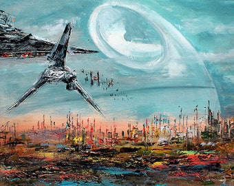 May include: A painting of a spaceship flying over a city with a large white ring in the sky. The city is painted in a variety of colors, including red, orange, yellow, green, blue, and purple.