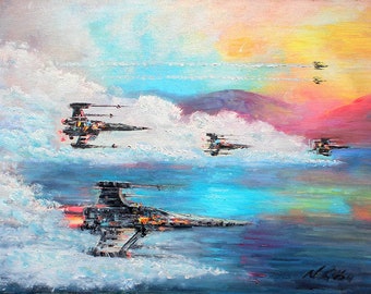 X-Wings Over Water Print - Battle of Takodana Wall Art - Star Wars Fan Art