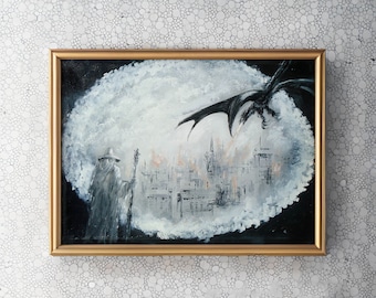 The Hobbit Painting, Smaug Art, Gandalf Oil Painting, Framed Original Painting by Naci Caba
