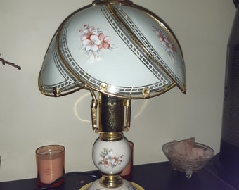 Touch lamp, brass and floral glass touch lamp. Bedside lamp. Table lamp