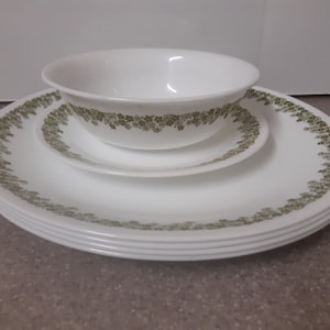 May include: A set of white ceramic plates, a saucer, and a bowl. Each piece features a green floral border. The bowl and saucer are stacked on the plates. The plates have a ridged edge.