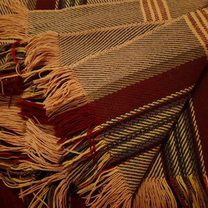 Peut inclure: Une couverture pli&eacute;e avec un motif tiss&eacute; de rayures altern&eacute;es dans les tons beige, bordeaux et gris. La couverture a un bord &agrave; franges de couleur beige clair. La texture g&eacute;n&eacute;rale semble douce et accueillante.