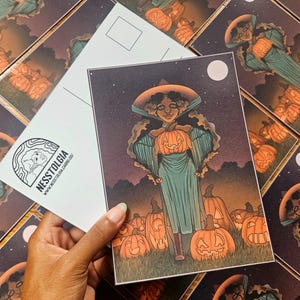 Jack-O-Lantern Harvest Mini Print | Halloween Witch Artwork | Original Art Postcard | Spooky Season Home Decor | Wall Hanging | Stationary