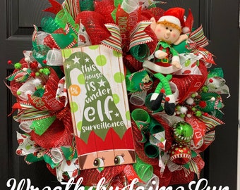Candy Cane Ball Ornaments and 20 Led Lights for Themed Home Party D/écor Ribbon Bow ALLYORS Christmas Elf Door Wreath Decoration with Delightful Booty ELF Butt