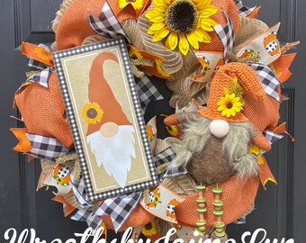 Fall Gnome Wreath, Sunflower Wreath, Buffalo Plaid Gnome Wreath