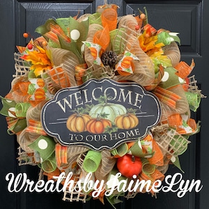 pumpkin wreath, Fall welcome wreath, autumn welcome wreath, Deco Mesh Fall wreath, autumn decor, fall front door wreath, fall decorations