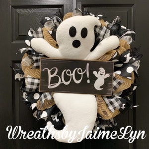 Farmhouse Ghost Wreath, Boo Wreath, Halloween Wreath, Ghost Boo Wreath, Farmhouse Halloween, buffalo check ghost wreath