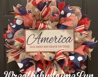 America Wreath, Patriotic Wreath, Vintage Patriotic Wreath, Memorial Day Wreath, Fourth of July Wreath, Christian Patriotic wreath