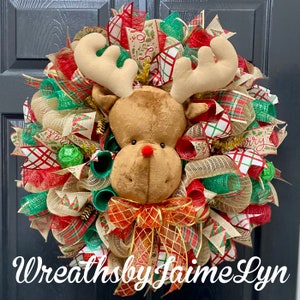 Rudolf wreath, reindeer wreath, christmas wreath, holiday wreath, christmas decor, holiday decor, burlap wreath, gift for, handmade,
