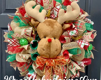 Rudolf wreath, reindeer wreath, christmas wreath, holiday wreath, christmas decor, holiday decor, burlap wreath, gift for, handmade,