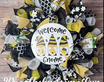 Gnome Bee Wreath, Gnome Spring Wreath, Gnome Wreath, Welcome Gnome Wreath