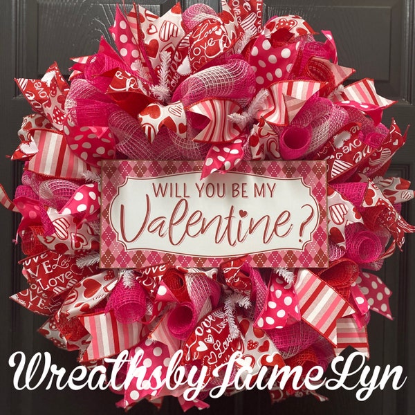 Valentijnskrans: buffelgeruit gaas, 'Will You Be My Valentine'-bordje