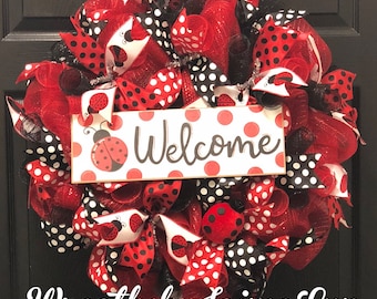 Ladybug wreath, spring wreath, summer wreath, front door wreath, garden wreath, Welcome Wreath, deco mesh wreath, everyday wreath, ladybugs