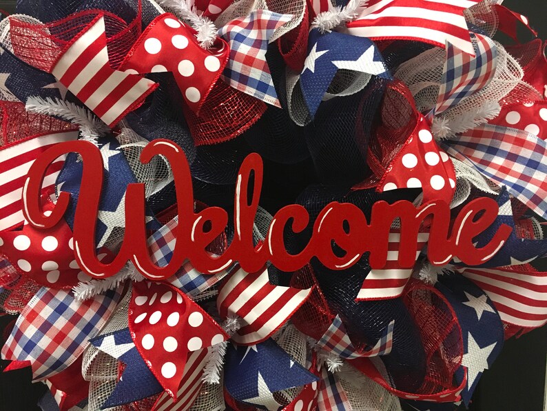 Patriotic Wreath, Welcome wreath, summer wreath, USA wreath, front door wreath, red white and blue Wreath, image 2