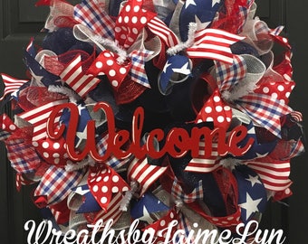 Patriotic Wreath, Welcome wreath, summer wreath, USA wreath, front door wreath, red white and blue Wreath,