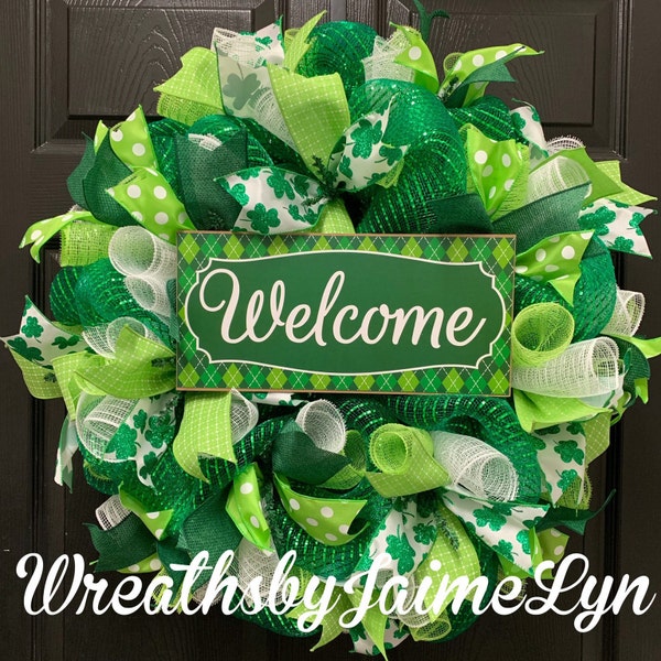 St. Patrick's Day-welkomstkrans: groen decoratief gaas, handgemaakt