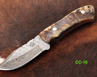 TBK texas 8.5 inch handmade damascus steel hunting skinning fishing birding knife with sheep horn handle