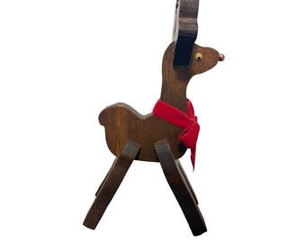Vintage MCM 90er Jahre hölzerne Rentier-rustikale Weihnachtsdekor-11,5 ""rote Schleife."