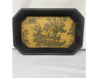Woven Wicker Tray Decor MCM 16" Vintage Wall Hang Village Castle Europe Kids