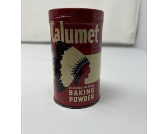 Lata redonda de metal con publicidad retro de General Foods Calumet para hornear en polvo.