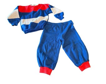 Vintage Kleinkind 24 M 2T 90er Colorblock Hushpuppies Sweatshirt Hose Set Rot Blau