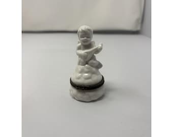 Sitzender Cherub Engel spielen Laute klappbar antikes Messing Porzellan Trinket Box MCM