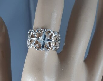 Estate Vintage Sterling Silver Filigree Ring Openwork Scrollwork