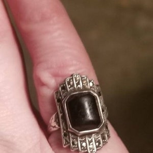 Vintage Sterling Silver Ring Onyx Marcasite Vintage Art Deco Pinky
