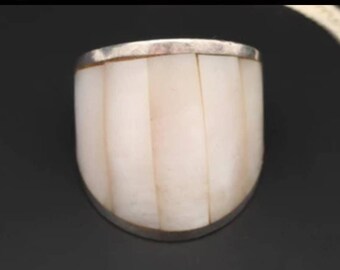 Anillo de plata de ley con nácar hecho a mano en Navajo Estate, vintage, firmado, con sello Sunburst, felicidad