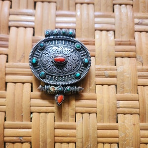 Antique Tibetan Silver Ghau Box Pendant Turquoise Coral prayer box