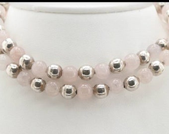 Estate over 2 1/2 oz Handmade Taxco Sterling Silver Rose Quartz Beaded Necklace Mexican Heavy Pink Bead Feminine