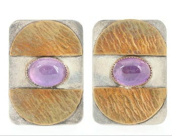 Estate Large Modern Sterling Silver Vintage Earrings Amethyst Comstock Handmade Brass Signed February Birthstone
