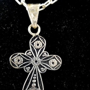 Estate Vintage Sterling Silver Cross Pendant Italian Chain Black Sterling Embellishments
