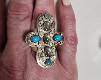 Darla N sterling silver turquoise Moonstone ring handmade Cross heavy large chunky