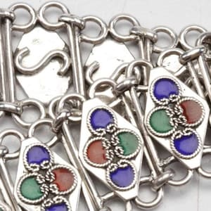 Estate Rare Art Deco Sterling Silver Enameled Quatrefoil Red Green Blue Link Bracelet