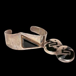 Estate Mexican Taxco Vintage Sterling Silver Obsidian Enamel Bracelet Cuff Button Earrings