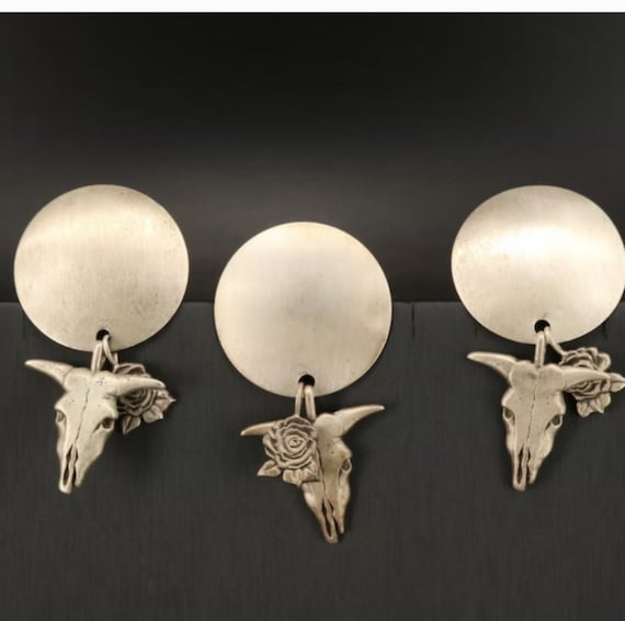 Audrey Schenk STERLING Silver Earrings Brooch Rose Steer Skull - Etsy