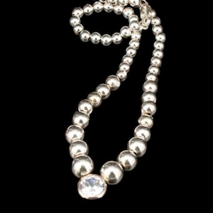 Estate Graduated Beaded Sterling Silver Necklace Vintage Cubic Zirconia classy