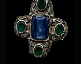 Darla N Sterling Silver Cross Ring: Kyanite & Green Agate, Handmade