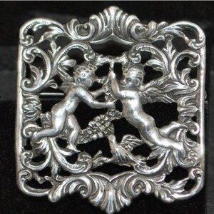 Rare Large Cini Sterling Silver Brooch Vintage Floral Cupids Putti Love Openwork