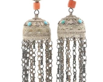 Ethnic Handmade Heavy Sterling Silver Coral Turquoise Tassel Open Vintage Turkmen