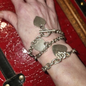Estate Heavy Vintage Sterling Silver Link Charm Bracelet Heart Cable Chain valentines day gift
